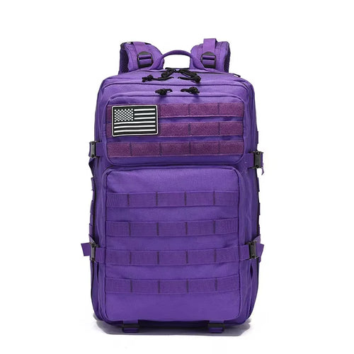 Tactical backpack in purple with MOLLE webbing, front view on white background