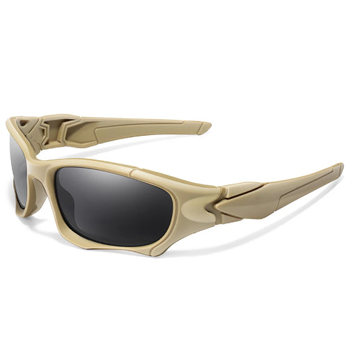 Polarized fishing sunglasses in tan frame with dark grey lenses studio shot
