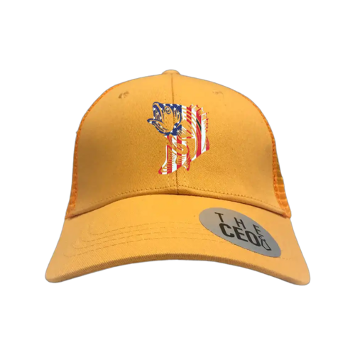 American Flag Fish Embroidered Trucker Hat in Gold