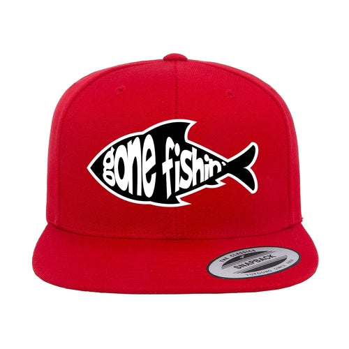 Gone Fishing Embroidered Flat Bill Cap in Red
