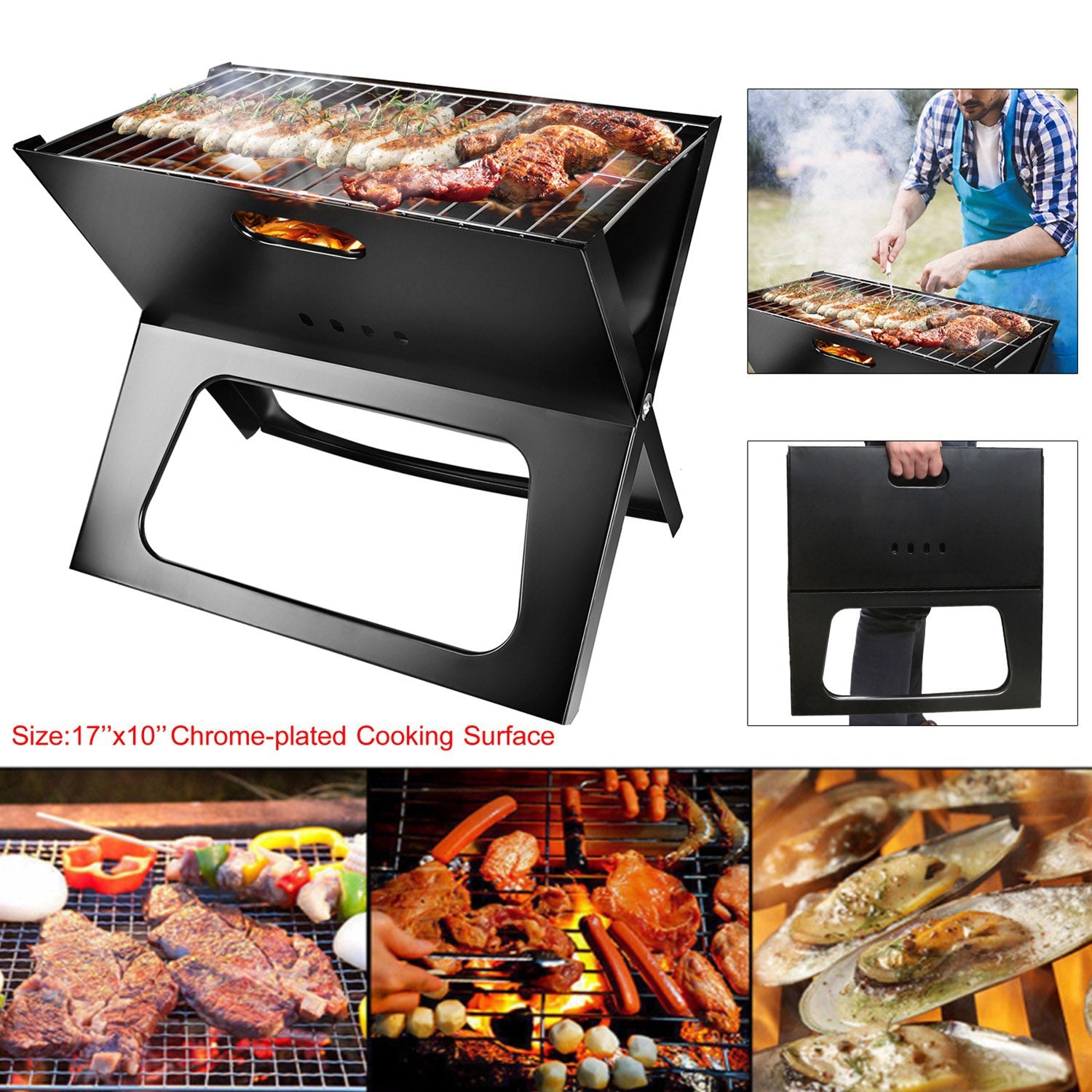 Steel tabletop foldable charcoal BBQ grill for camping and backyard — gift for dad who grills outdoors