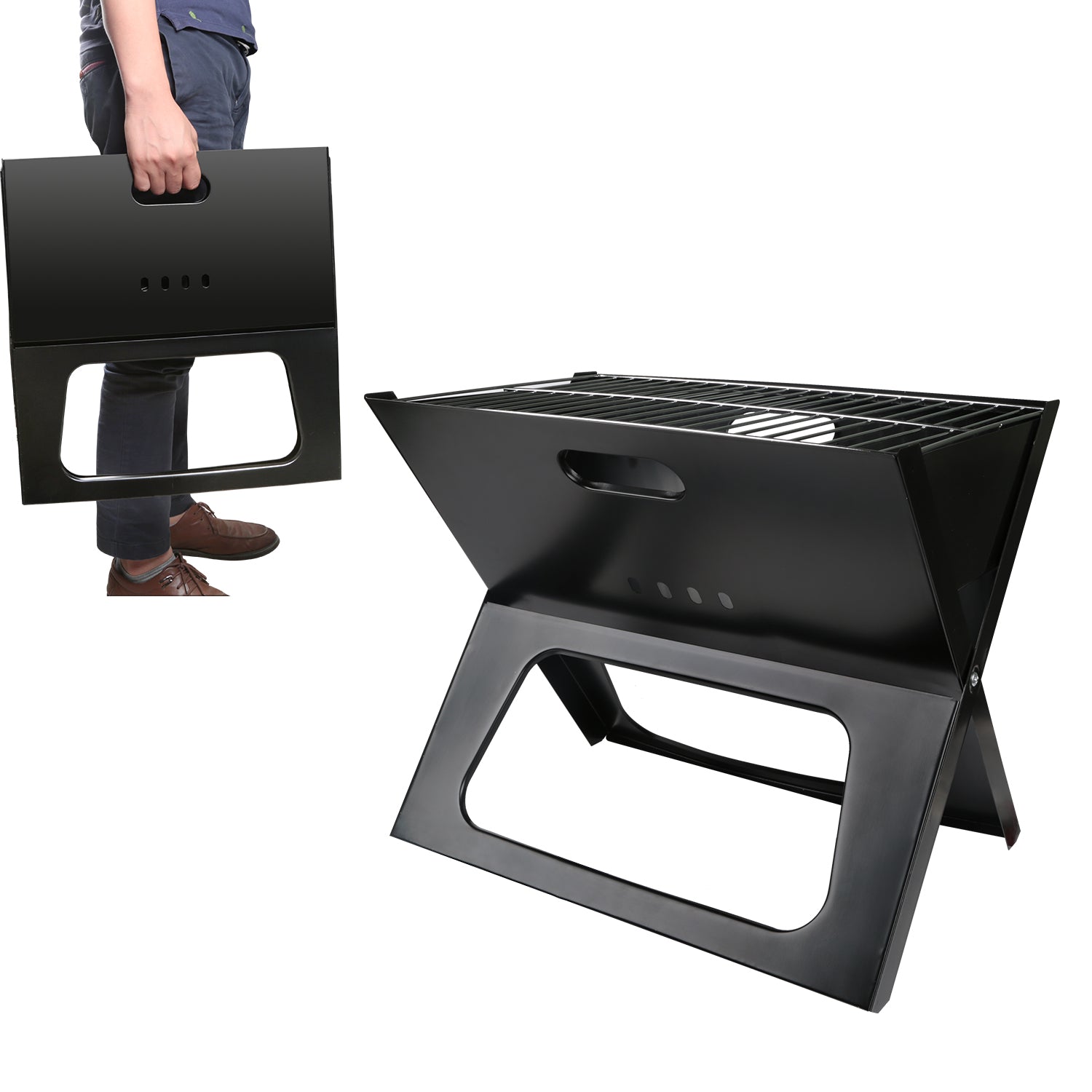 Steel tabletop foldable charcoal BBQ grill for camping and backyard — gift for dad who grills Black portable grill being held by a person on a white background