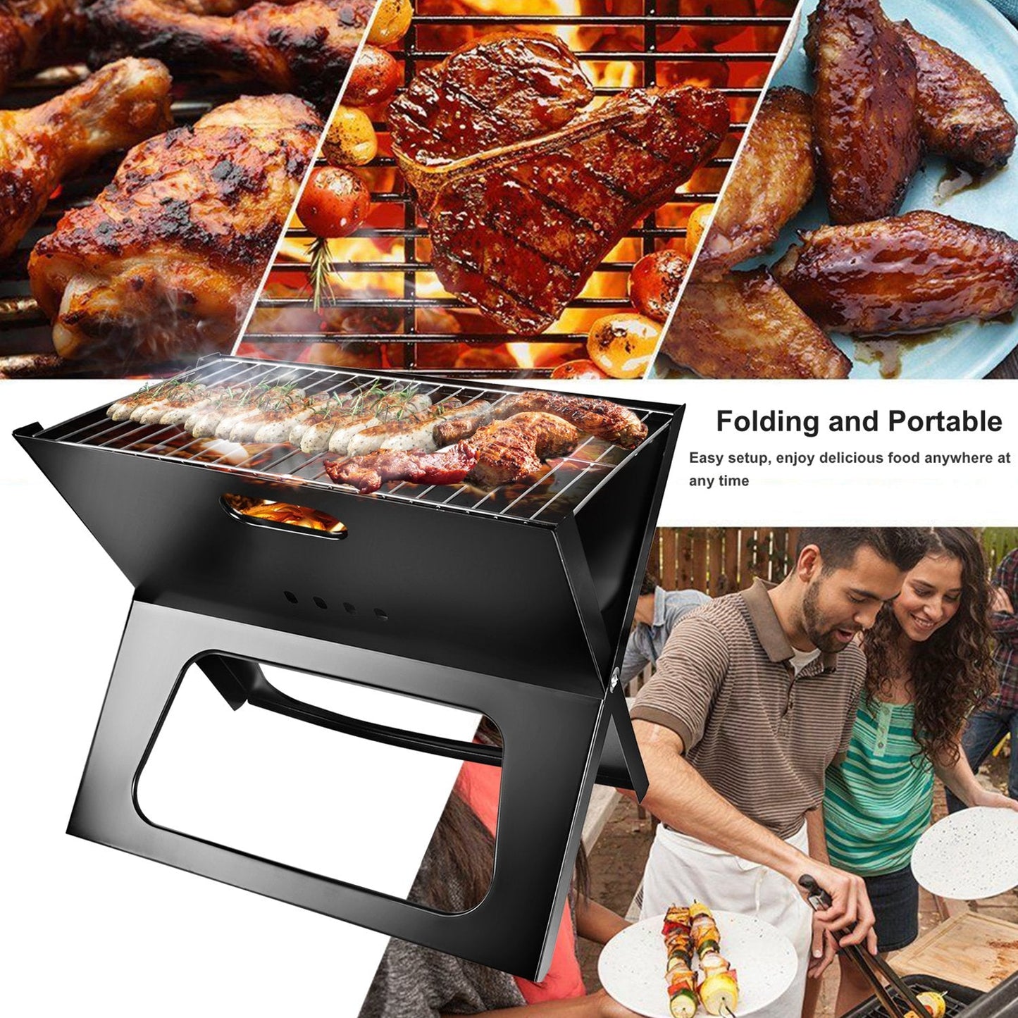 Steel tabletop foldable charcoal BBQ grill for camping and backyard — gift for dad who grills Collage of grilling scenes with food and a folding portable grill.