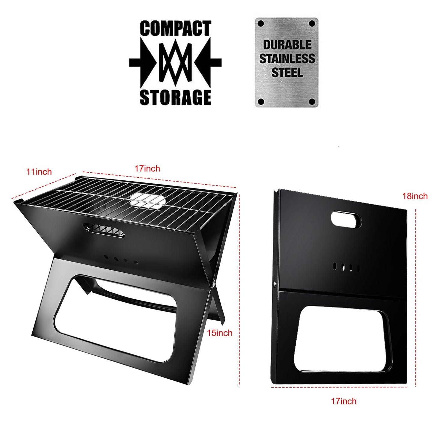 Steel tabletop foldable charcoal BBQ grill for camping and backyard — gift for dad who grills Portable grill with dimensions and material information on a white background