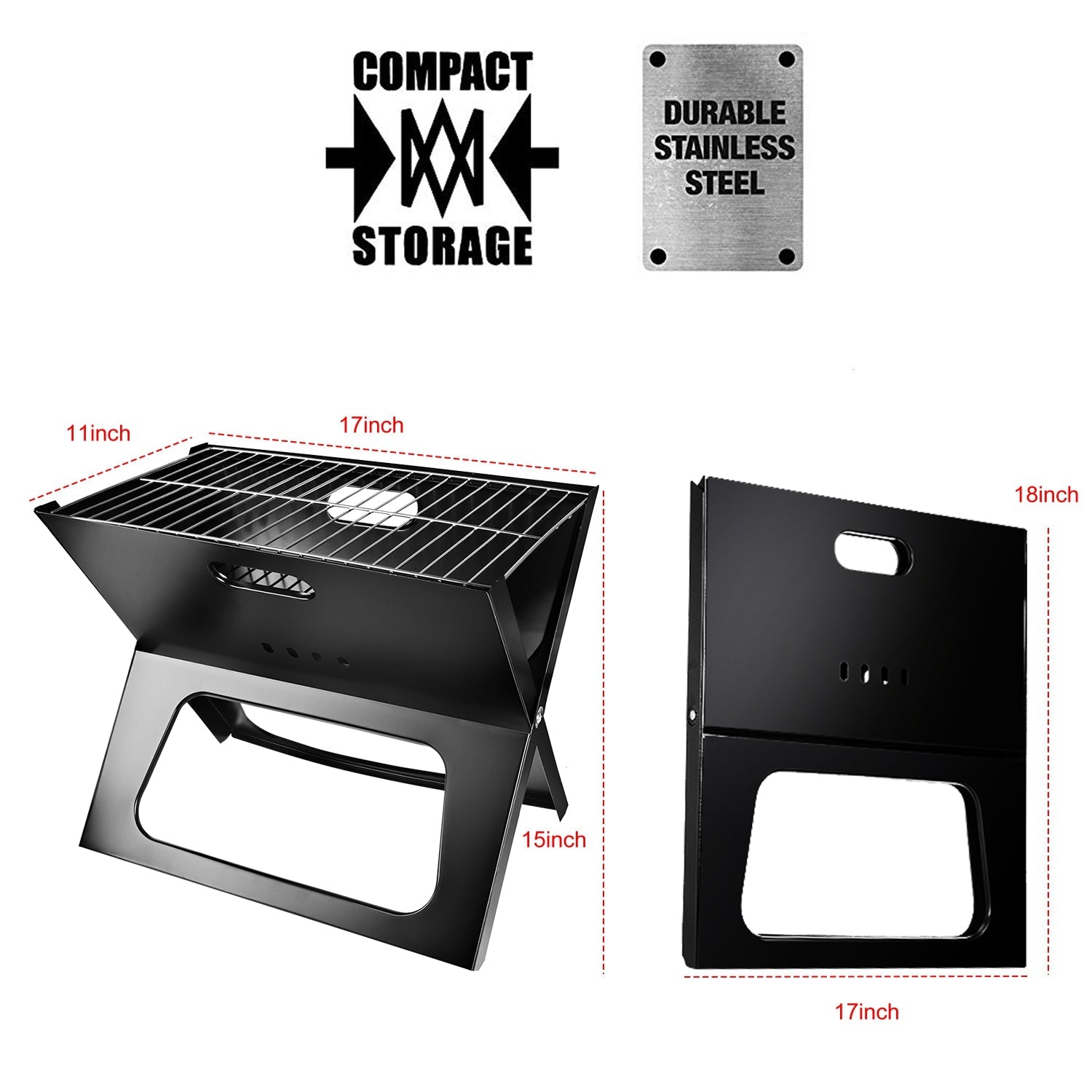 Steel tabletop foldable charcoal BBQ grill for camping and backyard — gift for dad who grills Portable grill with dimensions and material information on a white background