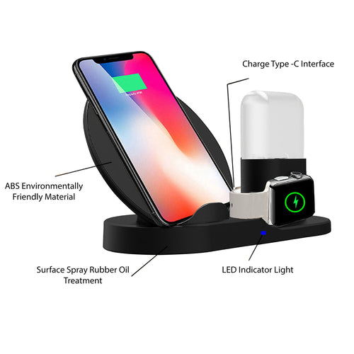 3-in-1 Wireless Charging Station for iPhone, Apple Watch and AirPods in Black