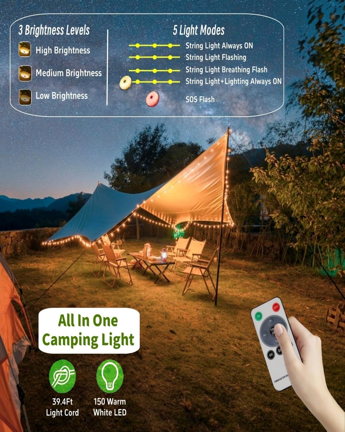 4-in-1 Solar Camping String Lights and Lantern with Remote, alternate view