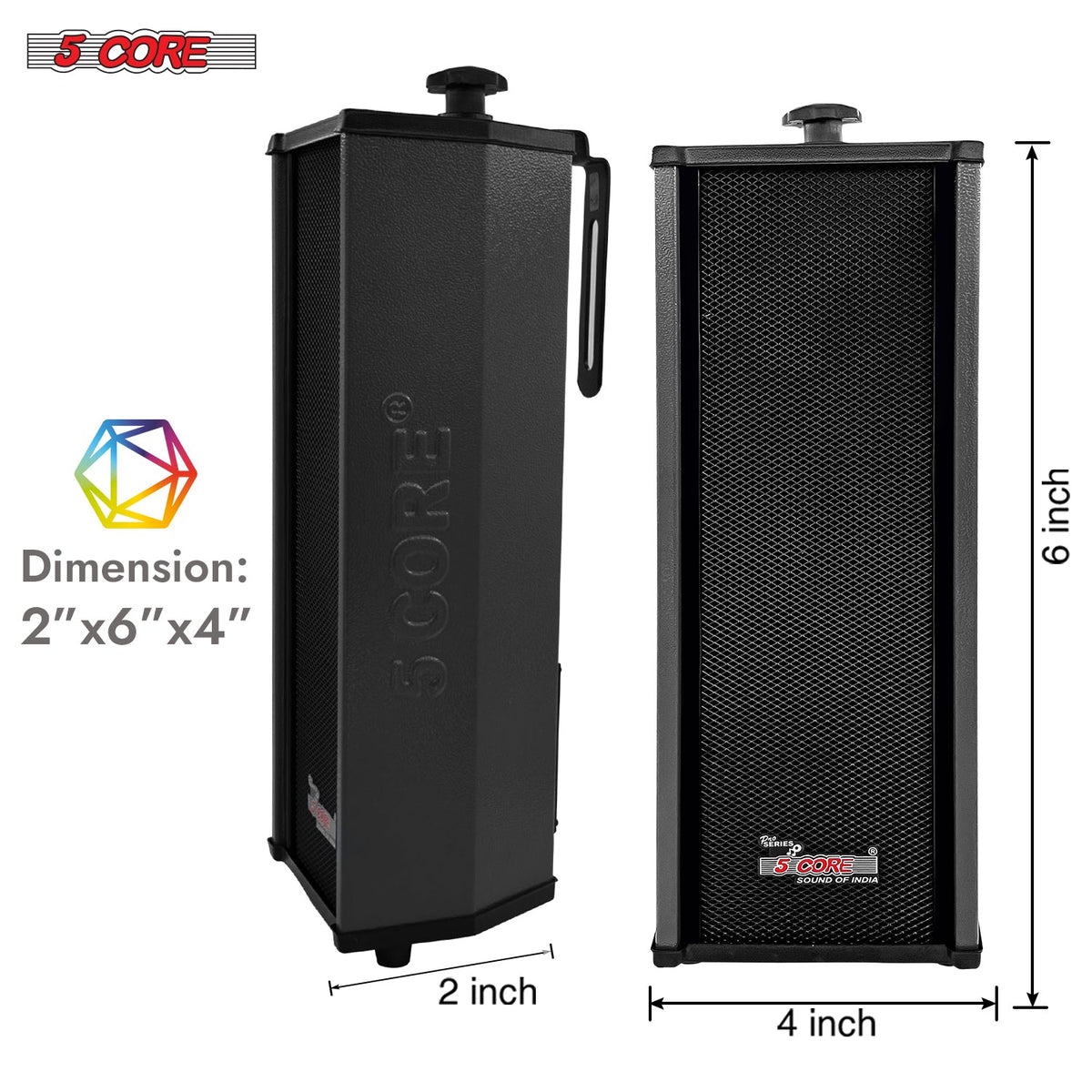 5 Core outdoor wall speaker with mounting bracket, front and side view with dimensions