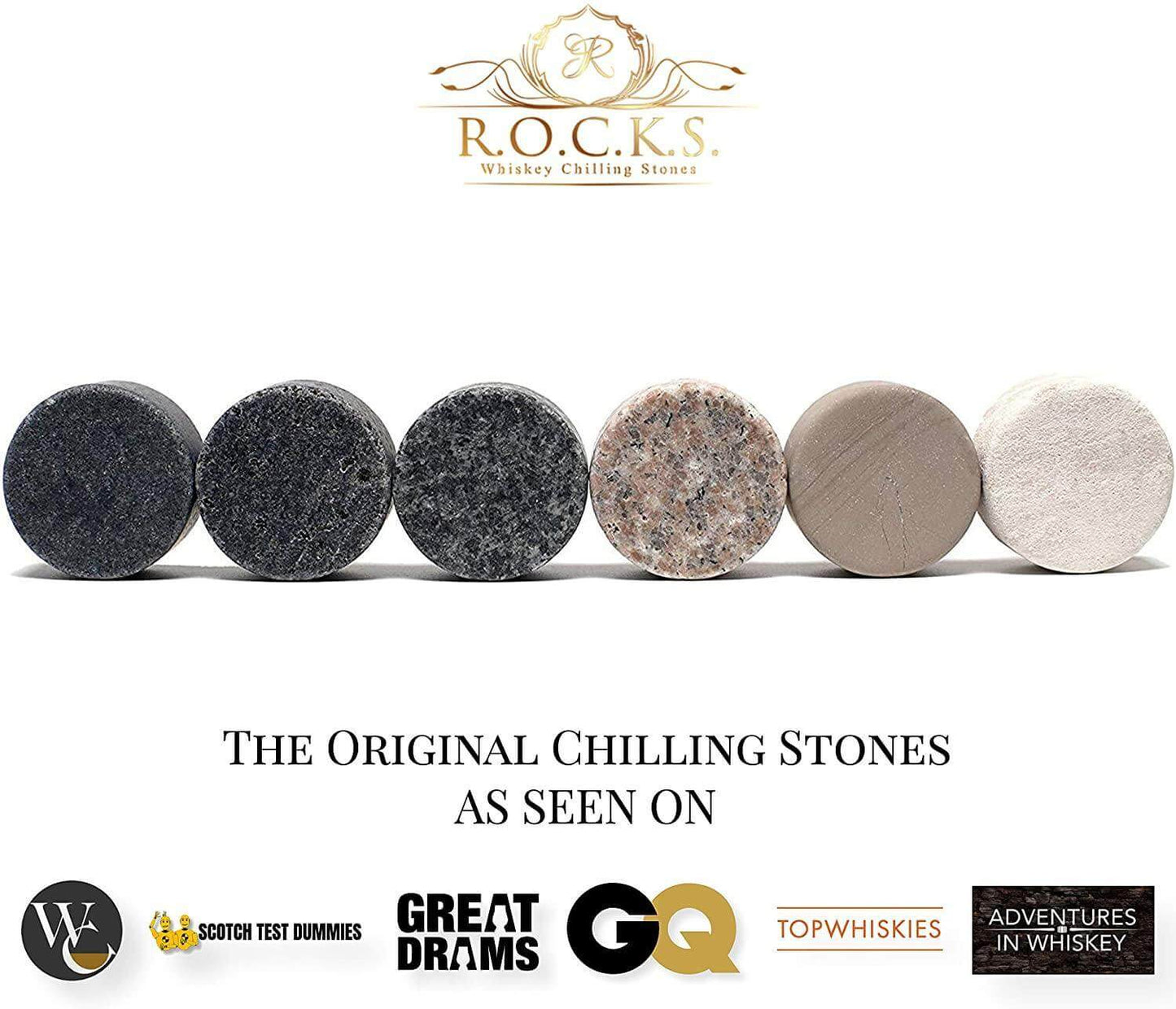 Set of whiskey stones with R.O.C.K.S. branding and various awards below on a white background. luxury cigar and whiskey gift for dad