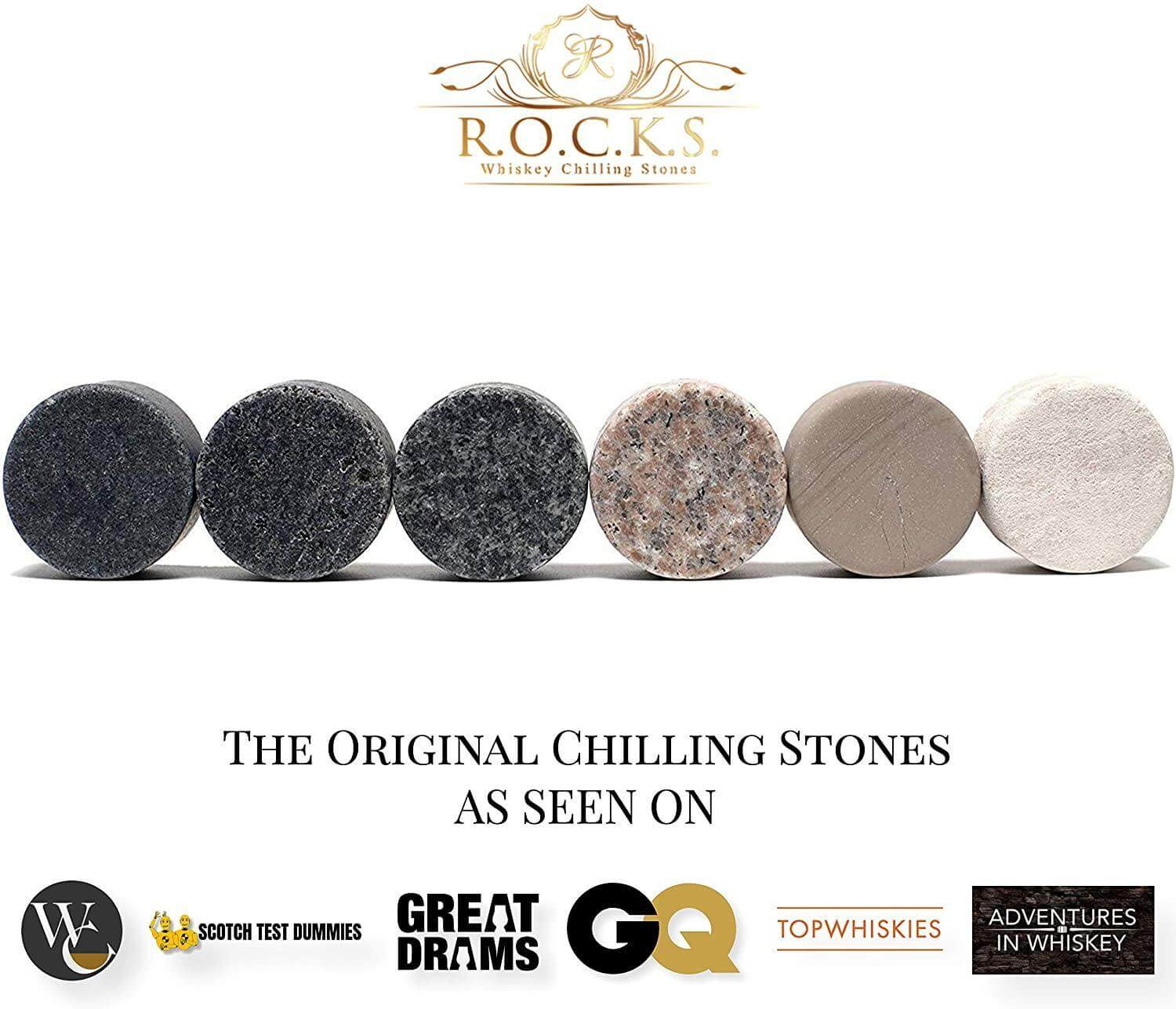 Set of whiskey stones with R.O.C.K.S. branding and various awards below on a white background. luxury cigar and whiskey gift for dad