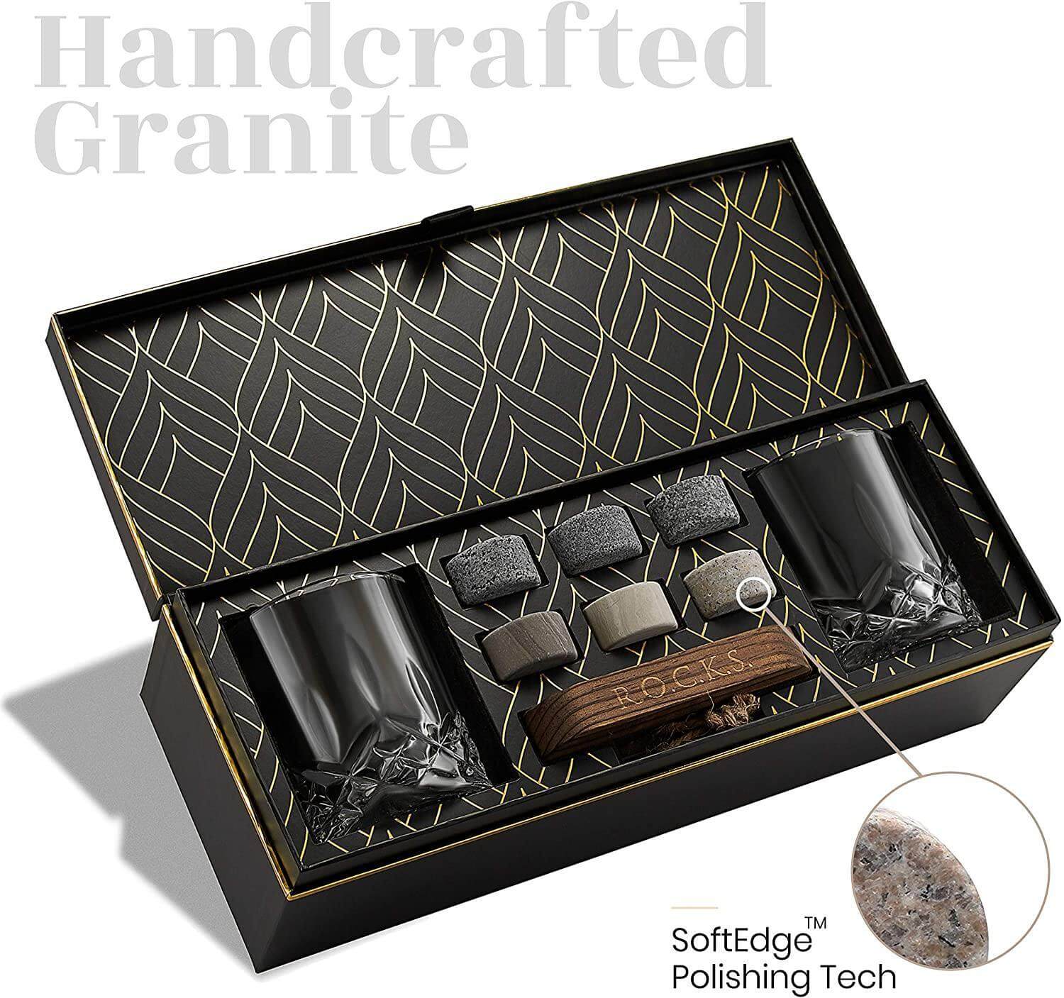 Whiskey connoisseur glass gift set signature edition — premium Father's Day gift for dad Handcrafted granite product set with black containers and stones in a decorative box.