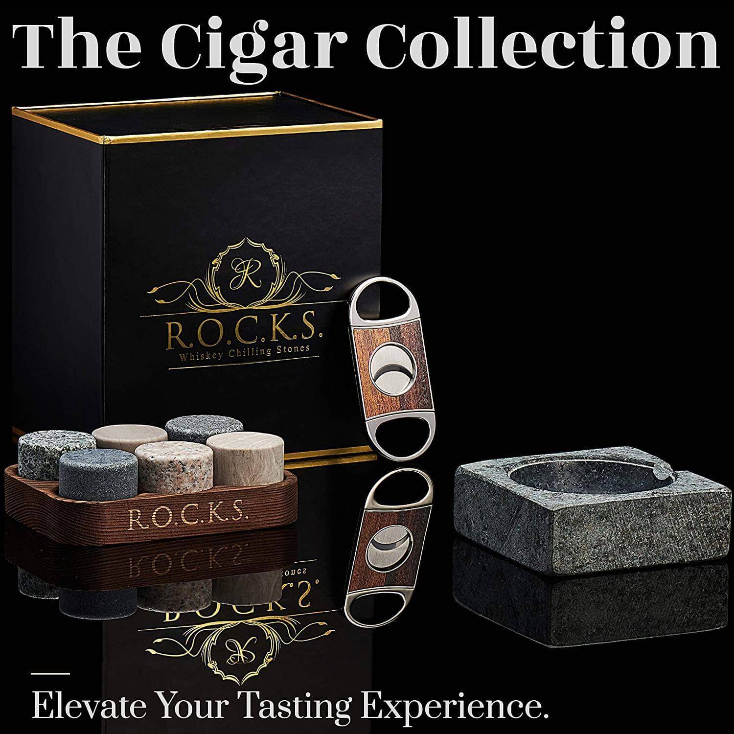 Cigar accessories including a humidor, cutter, and ashtray with R.O.C.K.S. branding on a black background. dad gift