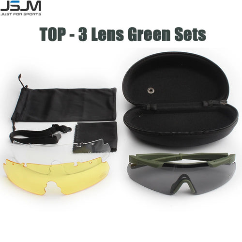 Tactical shooting glasses green frame kit with carrying case and yellow, clear, and smoke lenses