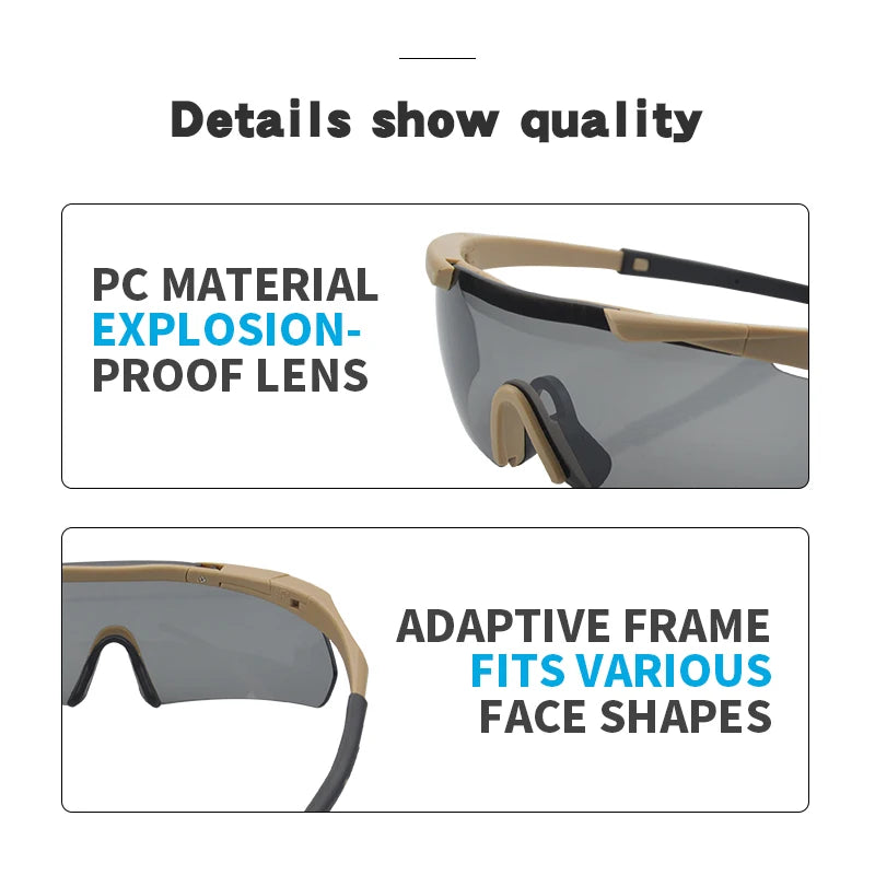 Tactical shooting glasses feature callout for explosion-proof PC lens and adaptive frame fit