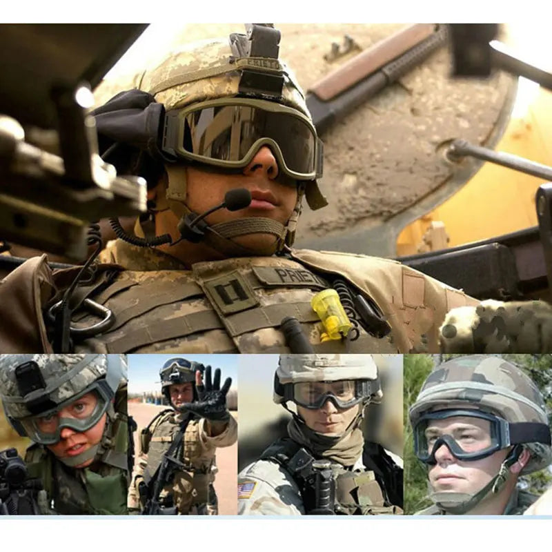 Tactical goggles worn by soldiers in helmets and combat gear across a collage of action photos