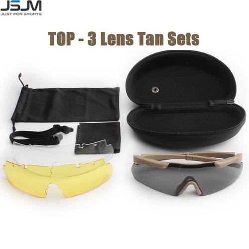 Tactical shooting glasses tan frame kit with hard case, pouch, and yellow, clear, and smoke lenses