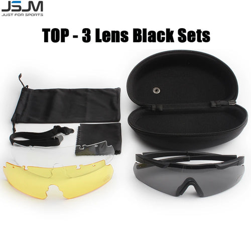 Tactical shooting glasses black frame kit with hard case, pouch, and three interchangeable lenses