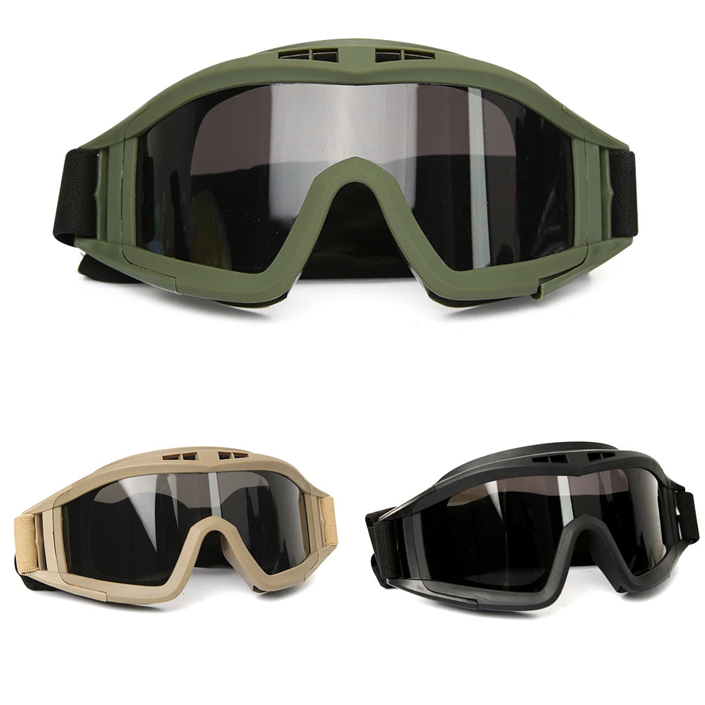 Tactical goggles in green, tan, and black frame colors displayed on a white background