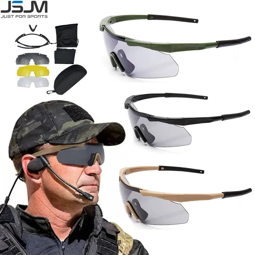 Tactical shooting glasses with three interchangeable frame colors and a model wearing them outdoors