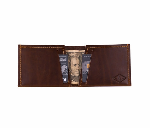 Brown leather wallet with money and cards on a white background personalized gift for dad