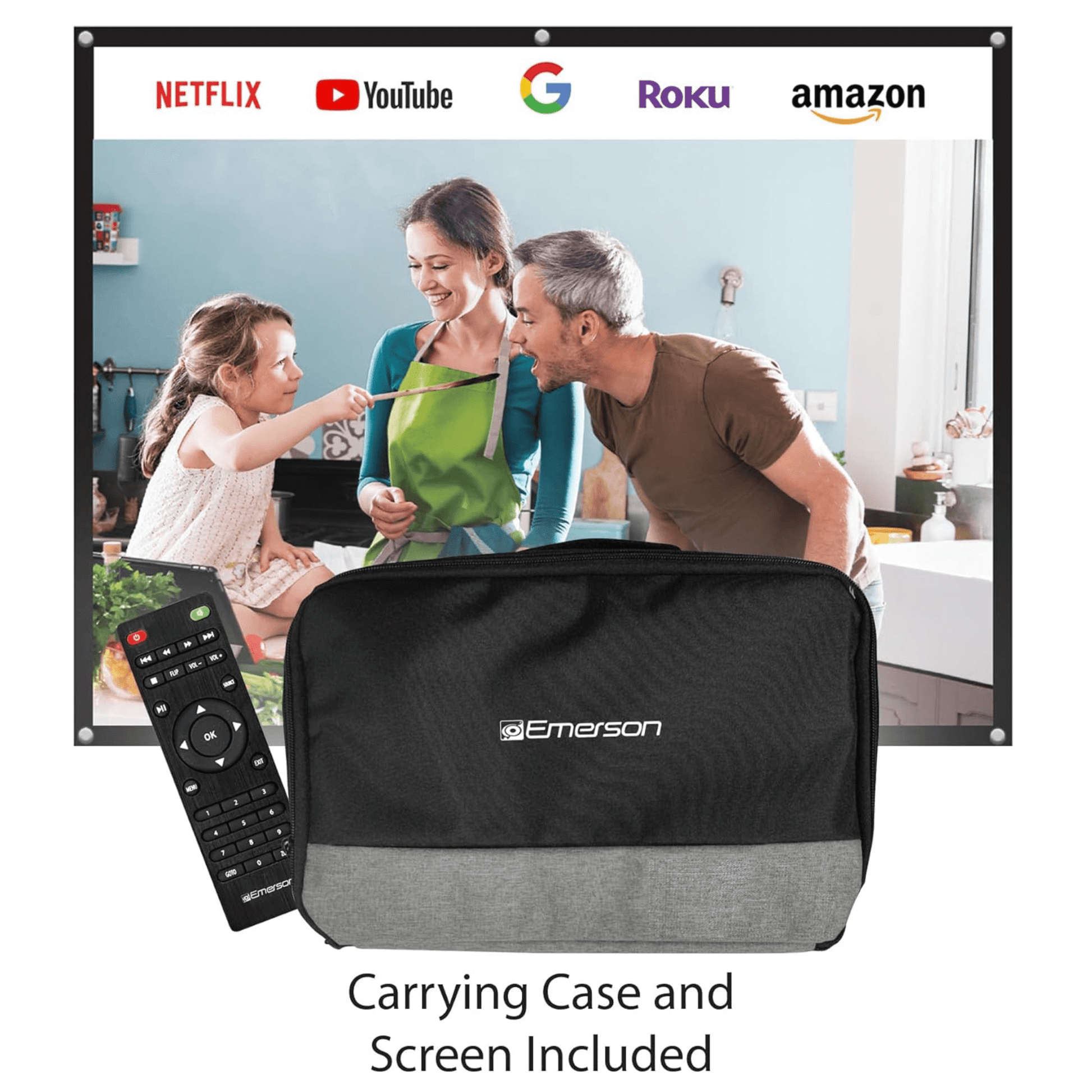 Emerson carrying case with screen and remote control, featuring streaming app logos. tech gift for dad who loves movies