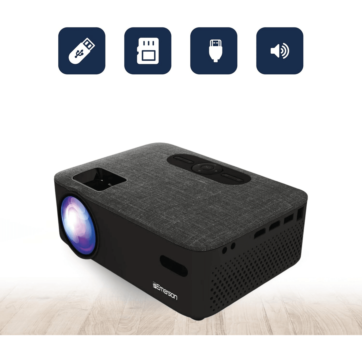 Black projector with connectivity icons on a white background tech gift for dad who loves movies
