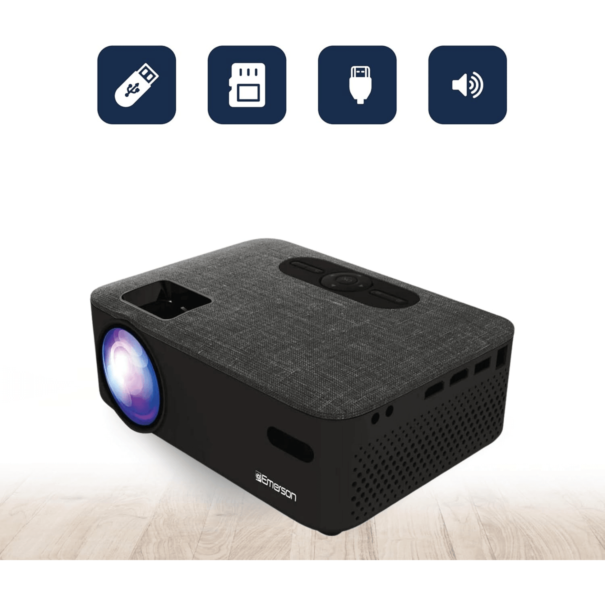 Black projector with connectivity icons on a white background tech gift for dad who loves movies