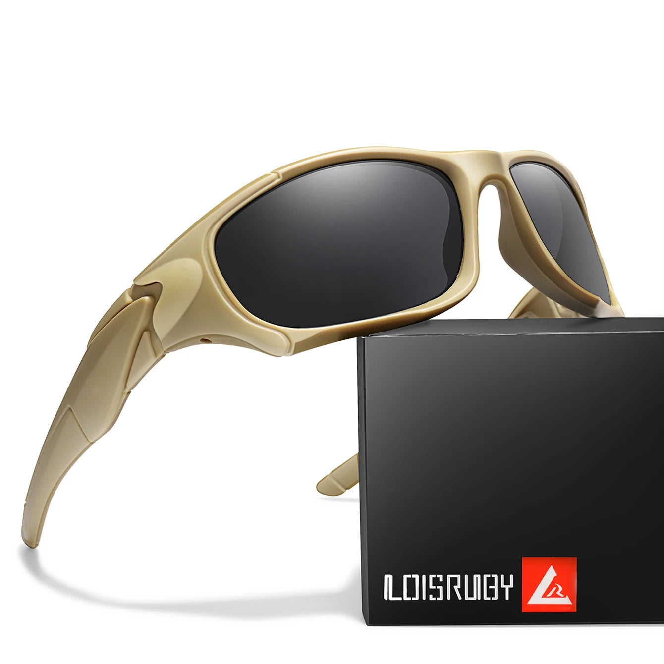 Polarized fishing sunglasses in tan with wraparound frame beside hard case