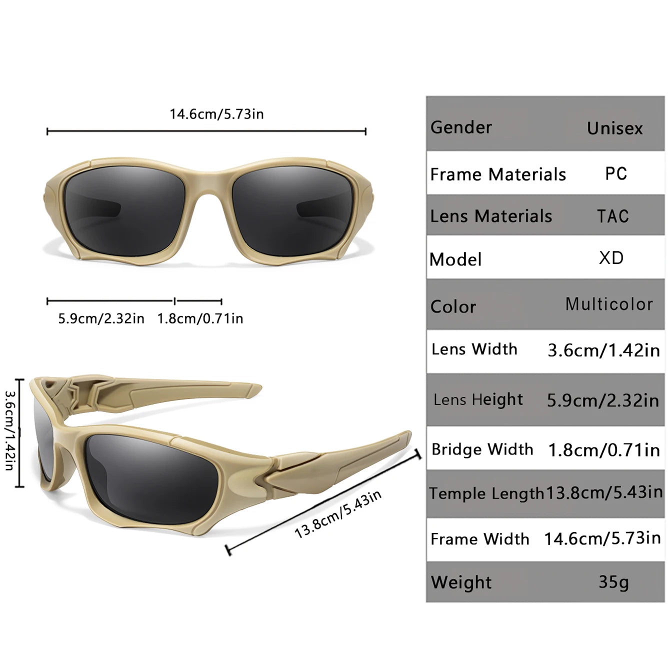 Polarized fishing sunglasses spec chart showing frame dimensions and lens measurements