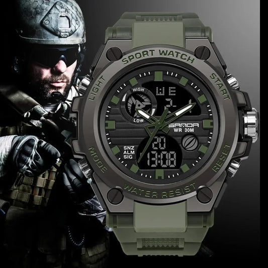 Military sport watch in army green worn by a tactical soldier model, close-up of dial