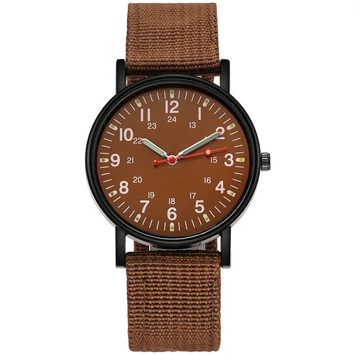Military field watch in coffee brown with matching canvas strap, product shot on white background