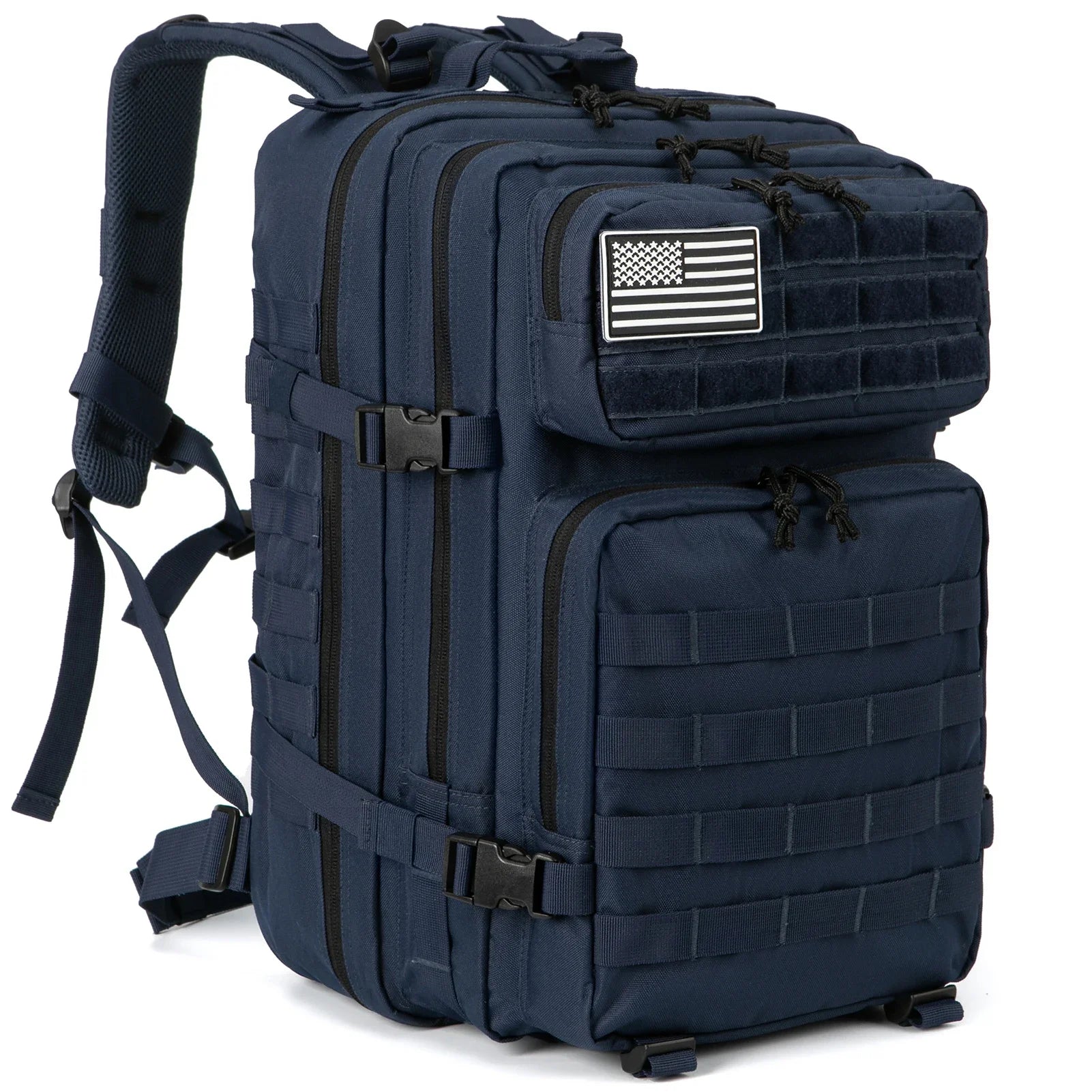 Tactical backpack in navy blue with straps unbuckled, angled view on white background