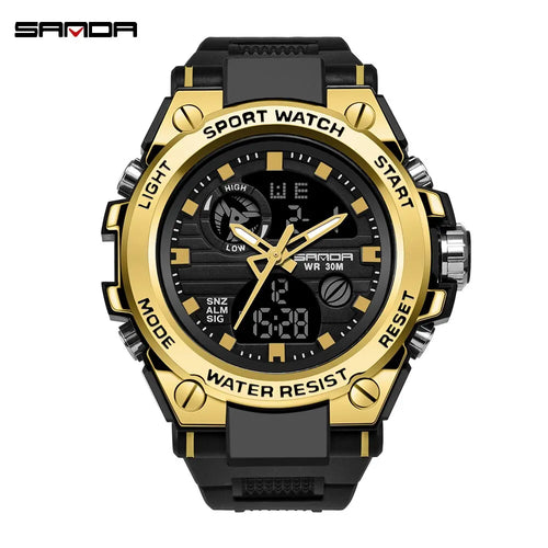 Military sport watch in black and gold, front view on white background with gold-tone bezel accents