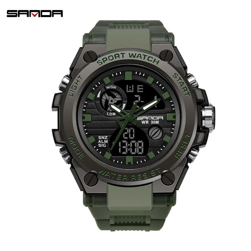 Military sport watch in army green, front view on white background showing dual analog-digital display