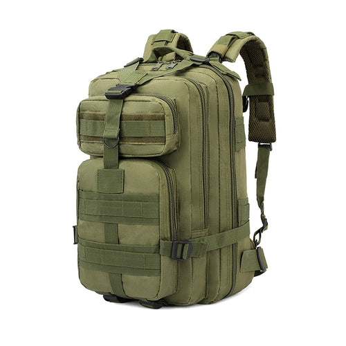 Tactical backpack in solid olive green, no patch, angled product photo