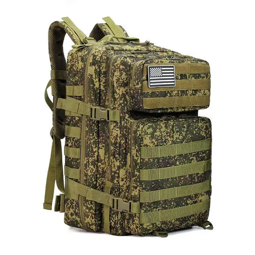 Tactical backpack in green digital pixelated jungle camo, side strap extended
