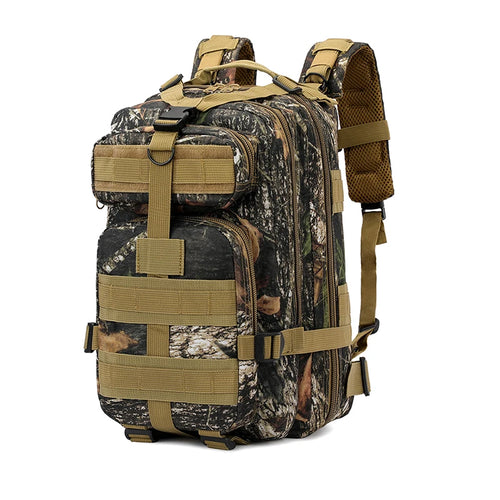 Tactical backpack in realistic tree-bark woodland camo with tan padded straps