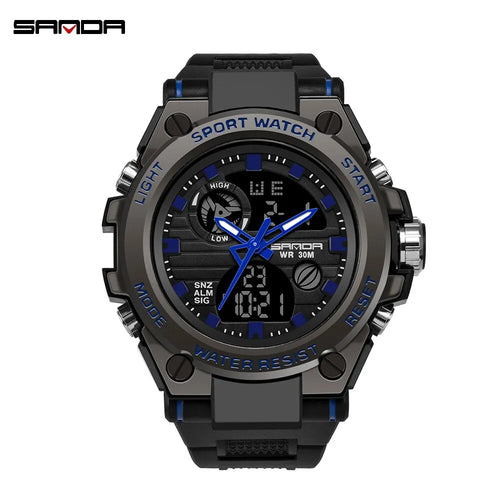 Military sport watch in black and blue, front view on white background with blue accented hands