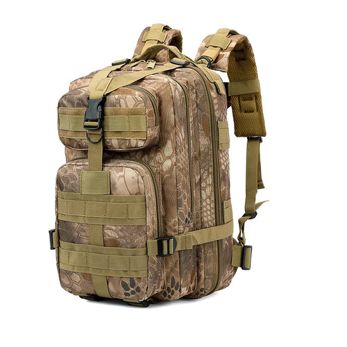 Tactical backpack in tan python snake-scale print with side strap extended