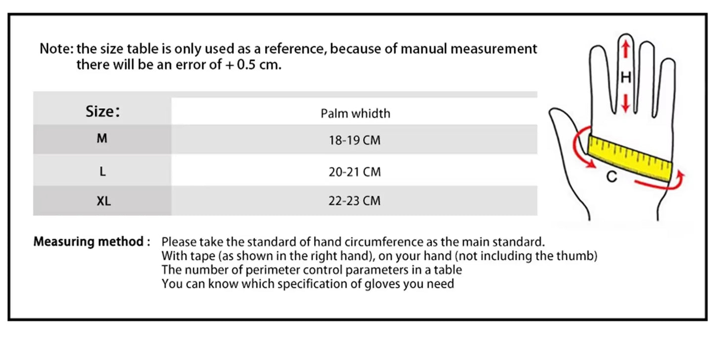 Tactical half-finger gloves sizing chart showing M, L, XL palm width measurements