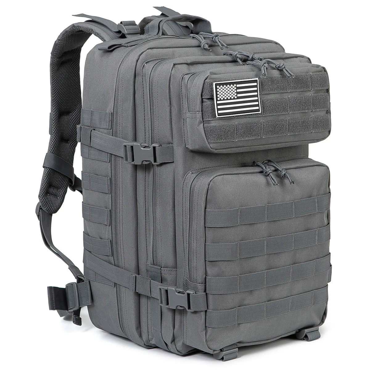 Tactical backpack in gray shown front-facing on a plain white background