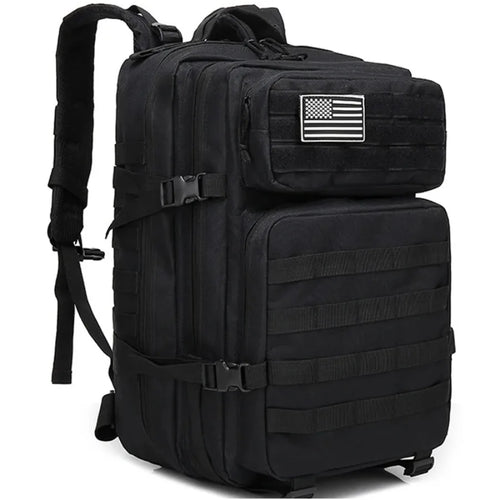 Tactical backpack in solid black with straps hanging loose, front angle view