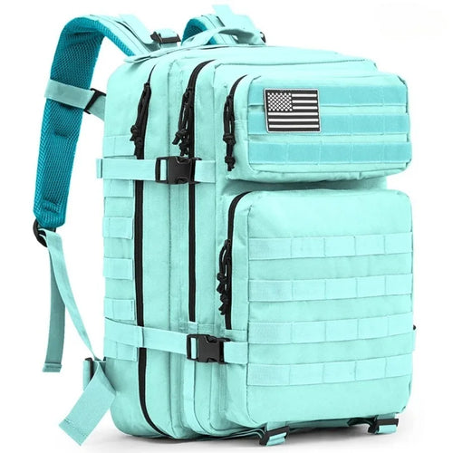 Tactical backpack in mint green with straps extended, three-quarter view
