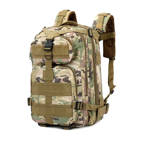 Tactical backpack in multicam camouflage pattern, side angle on white background
