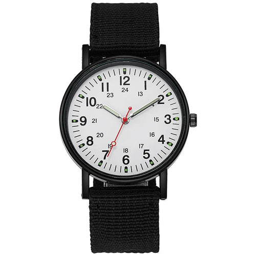 Military field watch in white-black with white dial and black nylon strap, product shot on white background