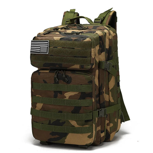 Tactical backpack in classic brown and green camouflage pattern, angled product shot