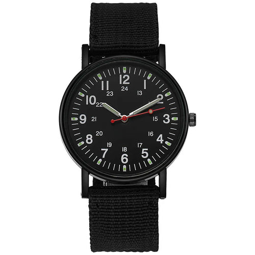 Military field watch in black with black nylon strap, product shot on white background