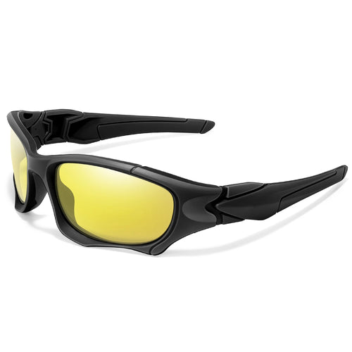 Polarized fishing sunglasses in black frame with yellow lenses on white background