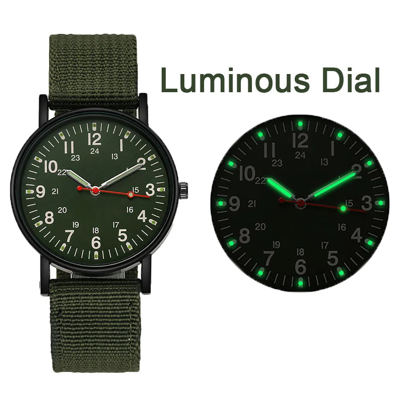 Military field watch in green showing luminous dial feature glowing in the dark beside daylight view