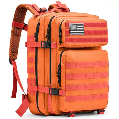 Tactical backpack in orange with red webbing straps and black zippers